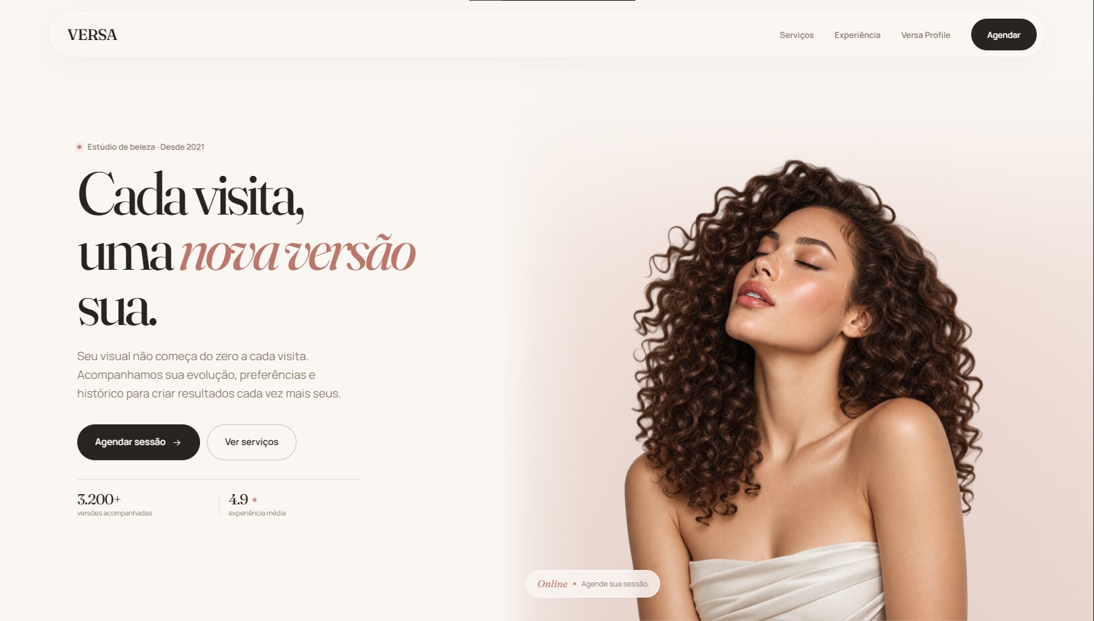 Preview do projeto VERSA, landing page para salão de beleza